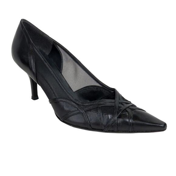 Stuart Weitzman Black Leather D'Orsay Pointed Toe Pump Mesh Sides Size 7.5 - Picture 2 of 12